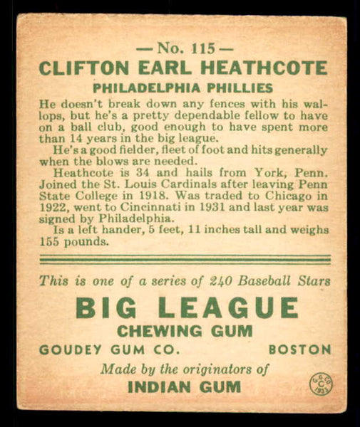 1933 Goudey #115 Cliff Heathcote Phillies EX 558448