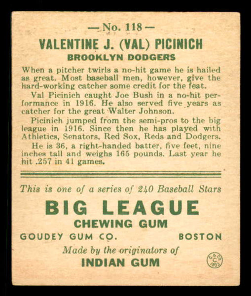 1933 Goudey #118 Val Picinich Dodgers EX 558450