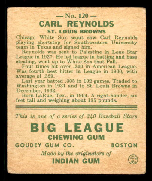 1933 Goudey #120 Carl Reynolds Browns VG-EX 558451