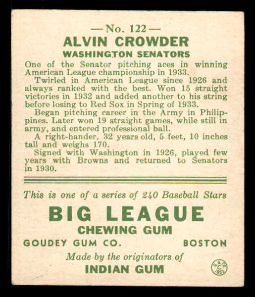 1933 Goudey #122 Alvin Crowder Senators VG-EX 558453