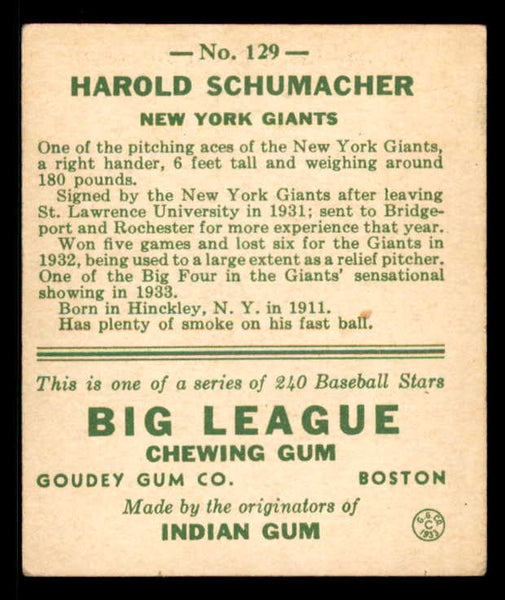 1933 Goudey #129 Hal Schumacher Giants VG-EX 558454