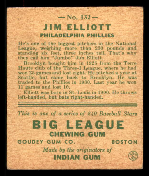 1933 Goudey #132 Jim Elliott Phillies VG-EX 558455