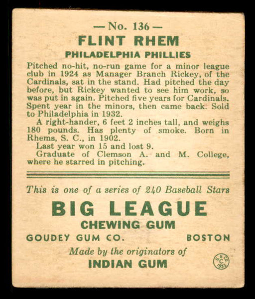 1933 Goudey #136 Flint Rhem Phillies VG-EX 558457