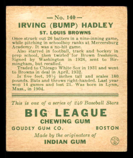1933 Goudey #140 Bump Hadley Browns EX 558460