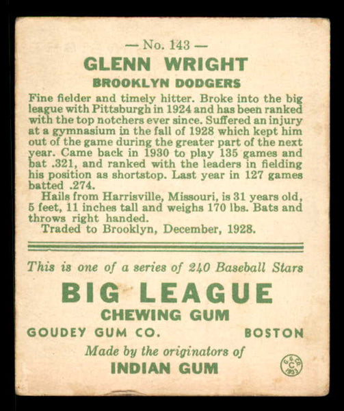 1933 Goudey #143 Glenn Wright Dodgers VG-EX 558461