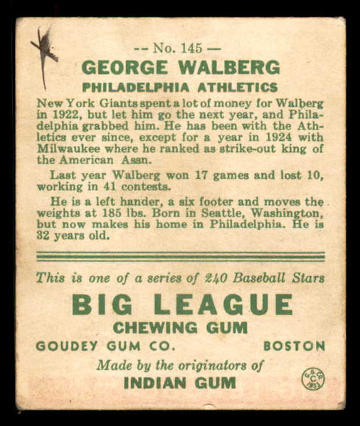 1933 Goudey #145 Rube Walberg A's Good ink back 558462
