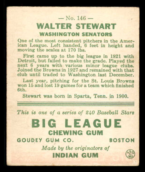 1933 Goudey #146 Lefty Stewart Senators VG-EX 558463