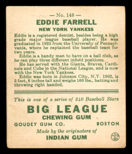 1933 Goudey #148 Eddie Farrell Yankees VG-EX 558464