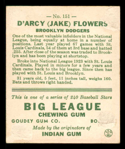 1933 Goudey #151 Jake Flowers Dodgers Good trimmed 558466