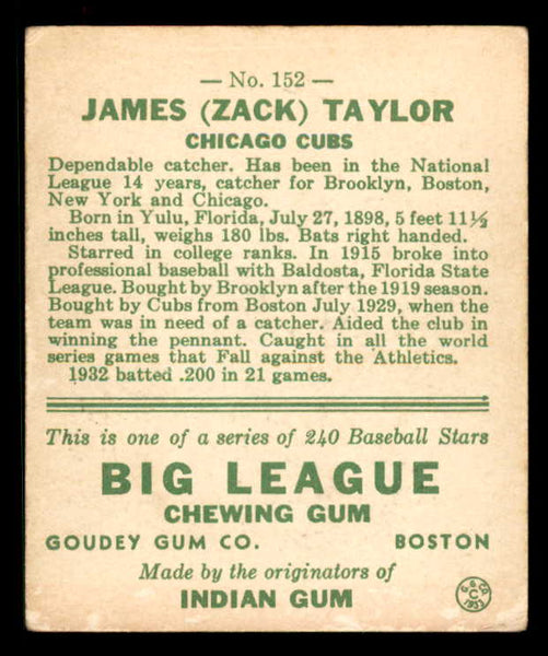 1933 Goudey #152 Zack Taylor Cubs VG-EX 558467