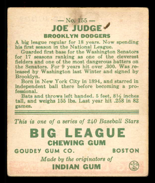 1933 Goudey #155 Joe Judge Dodgers VG-EX 558468