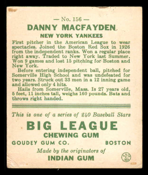 1933 Goudey #156 Danny MacFayden Yankees EX 558469
