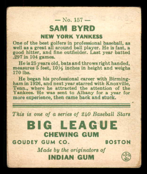 1933 Goudey #157 Sam Byrd Yankees VG-EX 558470