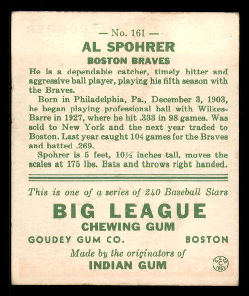 1933 Goudey #161 Al Spohrer Braves EX 558472