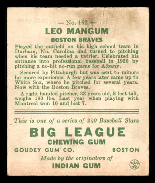 1933 Goudey #162 Leo Mangum Braves VG-EX 558473