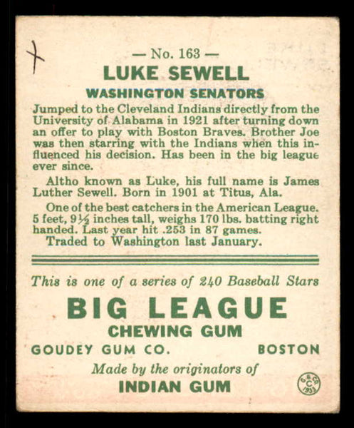 1933 Goudey #163 Luke Sewell Senators Good ink back 558474