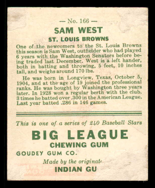 1933 Goudey #166 Sam West Browns FR-GD back damage 558475