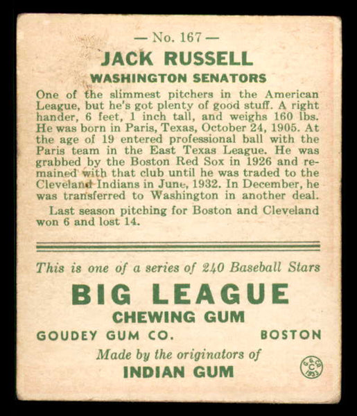 1933 Goudey #167 Jack Russell Senators VG-EX 558476