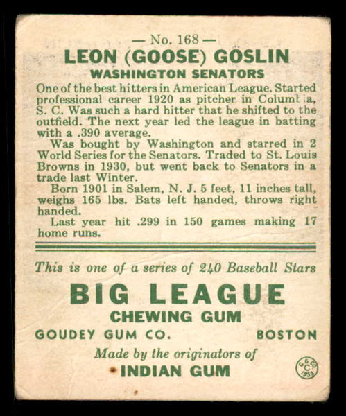 1933 Goudey #168 Goose Goslin Senators GD-VG/VG crease 558477