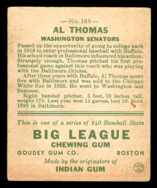 1933 Goudey #169 Al Thomas Senators VG-EX 558478