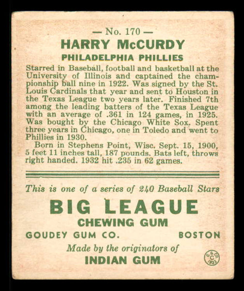 1933 Goudey #170 Harry McCurdy Phillies VG-EX 558479