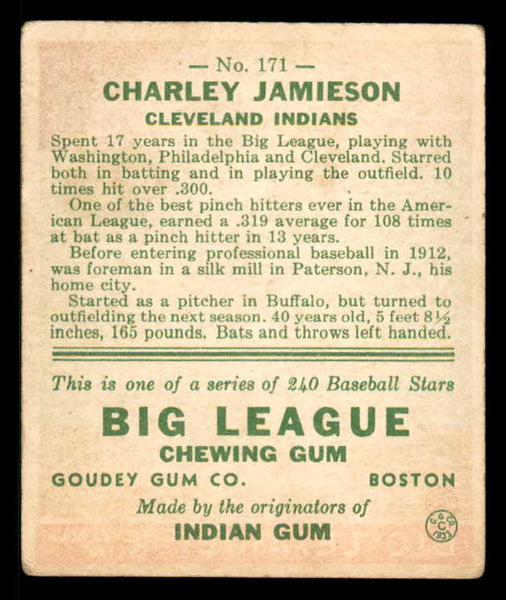 1933 Goudey #171 Charlie Jamieson Indians VG-EX 558480