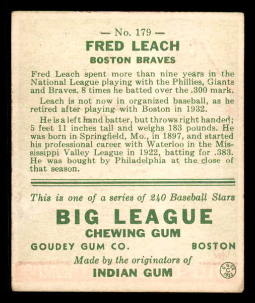 1933 Goudey #179 Fred Leach Braves VG-EX 558486