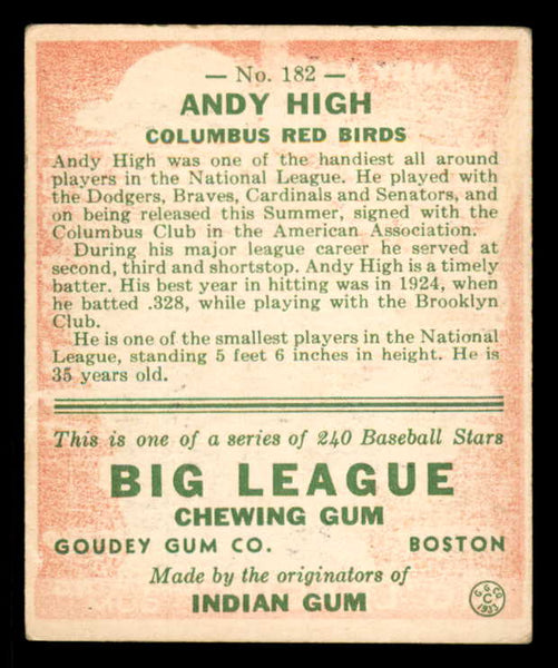 1933 Goudey #182 Andy High Columbus VG-EX 558487