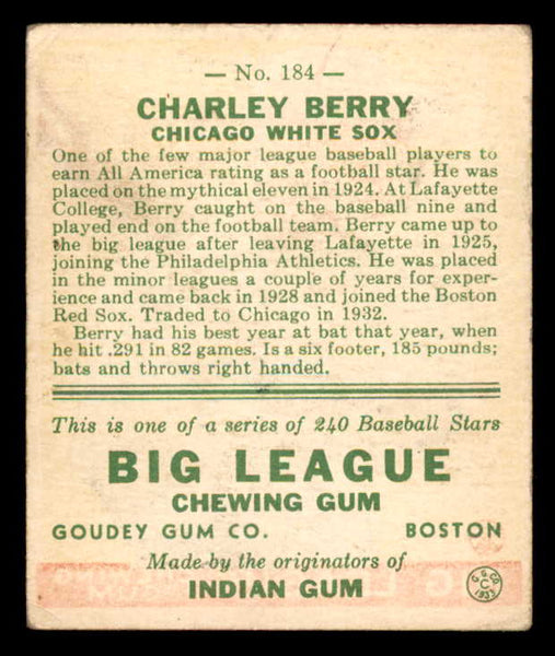 1933 Goudey #184 Charlie Berry White Sox VG-EX 558488
