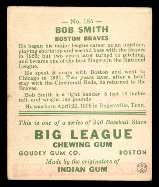 1933 Goudey #185 Bob Smith Braves VG-EX 558489