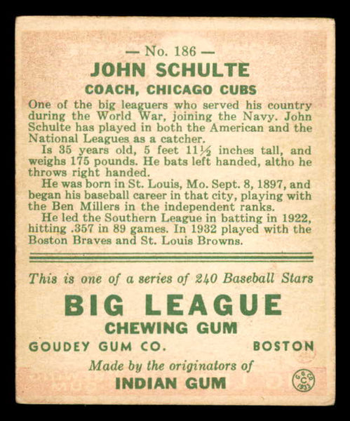 1933 Goudey #186 Johnny Schulte Cubs EX 558490