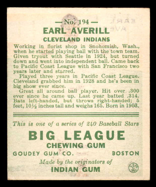 1933 Goudey #194 Earl Averill Indians VG-EX 558495