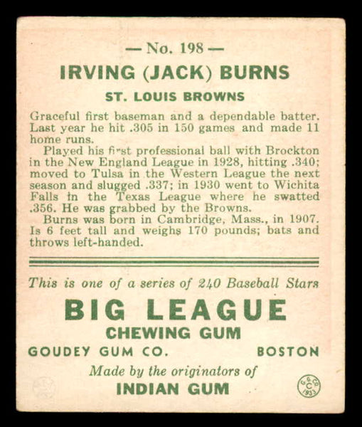 1933 Goudey #198 Jack Burns Browns EX 558496
