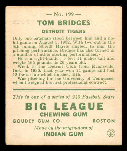 1933 Goudey #199 Tommy Bridges Tigers VG-EX 558497
