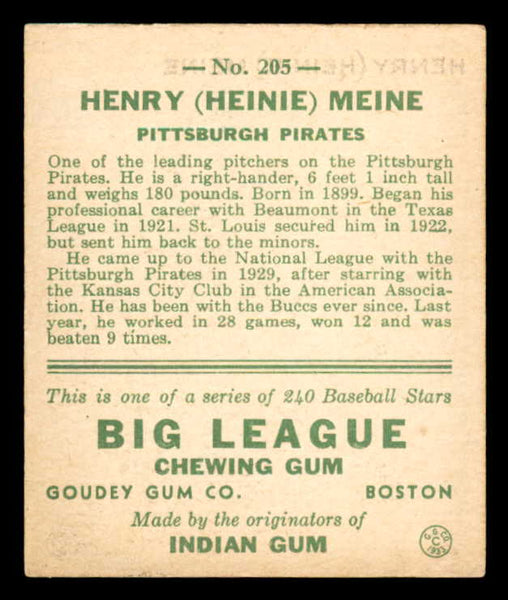 1933 Goudey #205 Heinie Meine Pirates EX 558502