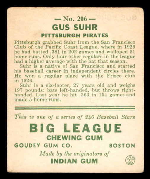 1933 Goudey #206 Gus Suhr Pirates VG-EX 558503