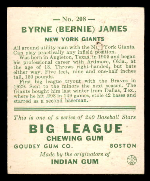 1933 Goudey #208 Bernie James Giants VG-EX 558504