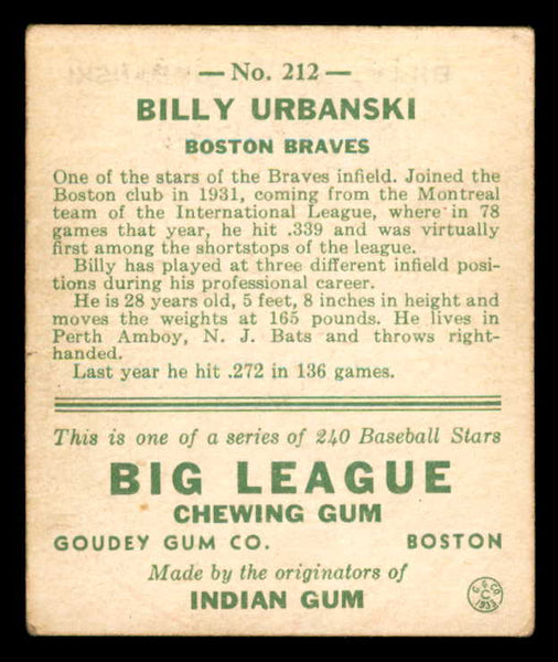 1933 Goudey #212 Billy Urbanski Braves VG-EX 558505