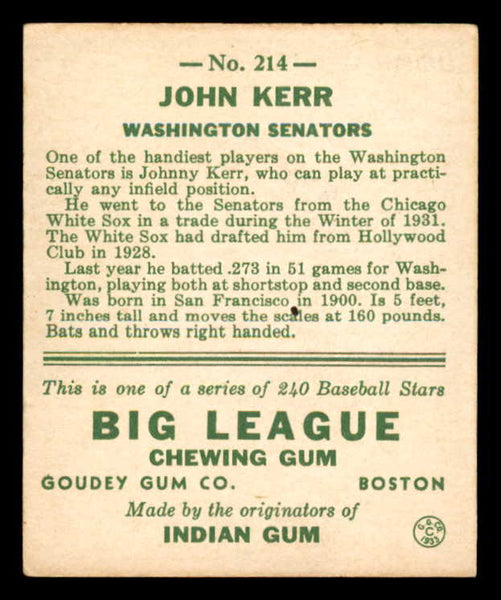 1933 Goudey #214 John Kerr Senators VG-EX 558506