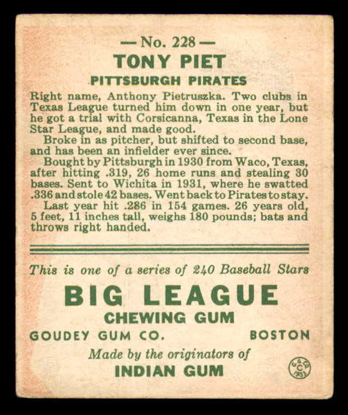 1933 Goudey #228 Tony Piet Pirates VG-EX 558510