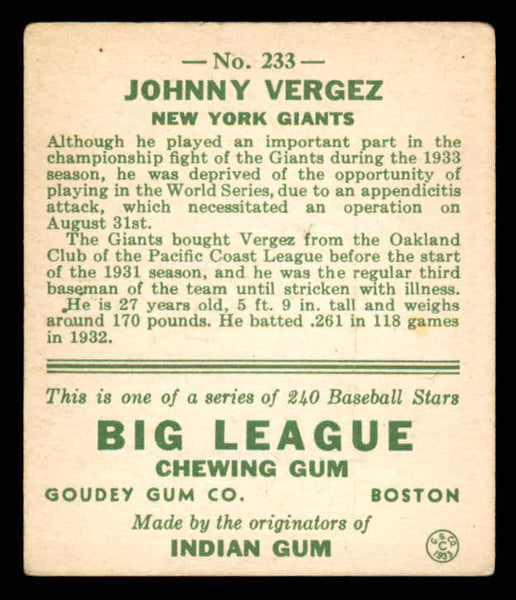 1933 Goudey #233 Johnny Vergez Giants VG-EX 558512