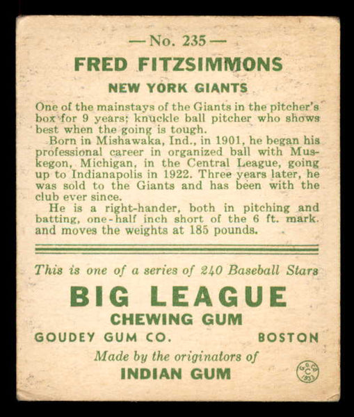 1933 Goudey #235 Fred Fitzsimmons Giants VG-EX 558513