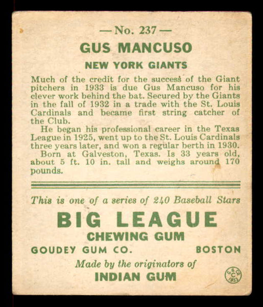 1933 Goudey #237 Gus Mancuso Giants VG-EX 558514