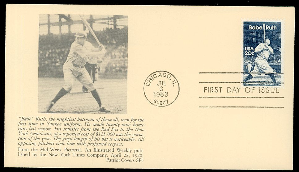1983 First Day Cover Babe Ruth 1920 Transfer To Yankees Patriot 558544