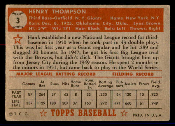 1952 Topps Baseball #003 Hank Thompson Giants VG Red 558588
