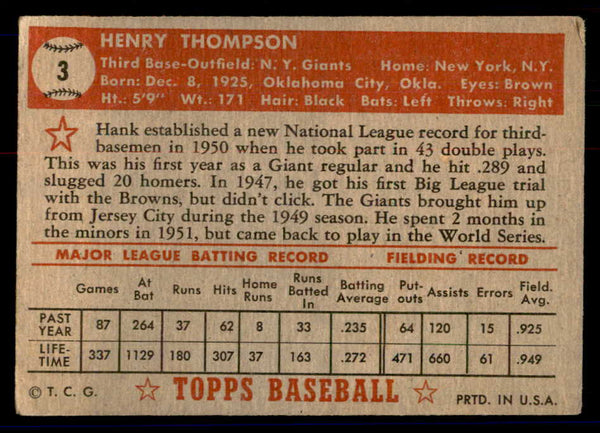 1952 Topps Baseball #003 Hank Thompson Giants VG Red 558589