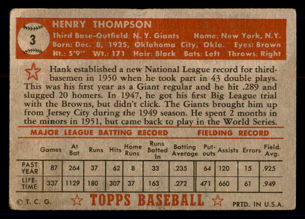 1952 Topps Baseball #003 Hank Thompson Giants GD-VG Red 558590