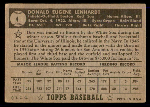 1952 Topps Baseball #004 Don Lenhardt Red Sox VG-EX Black 558591