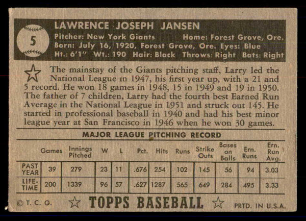 1952 Topps Baseball #005 Larry Jansen Giants VG-EX Black 558592