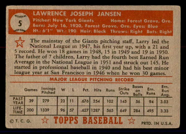 1952 Topps Baseball #005 Larry Jansen Giants VG Red 558593